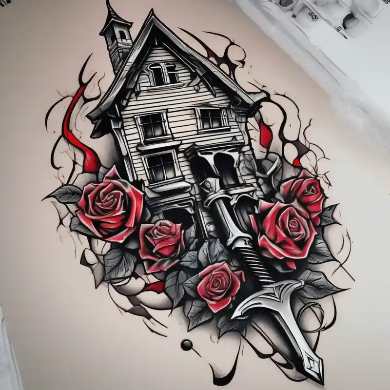 cartoon style 2025年のグリッタータトゥーアイデア about tattoo fool sleeve and old broken gothic home